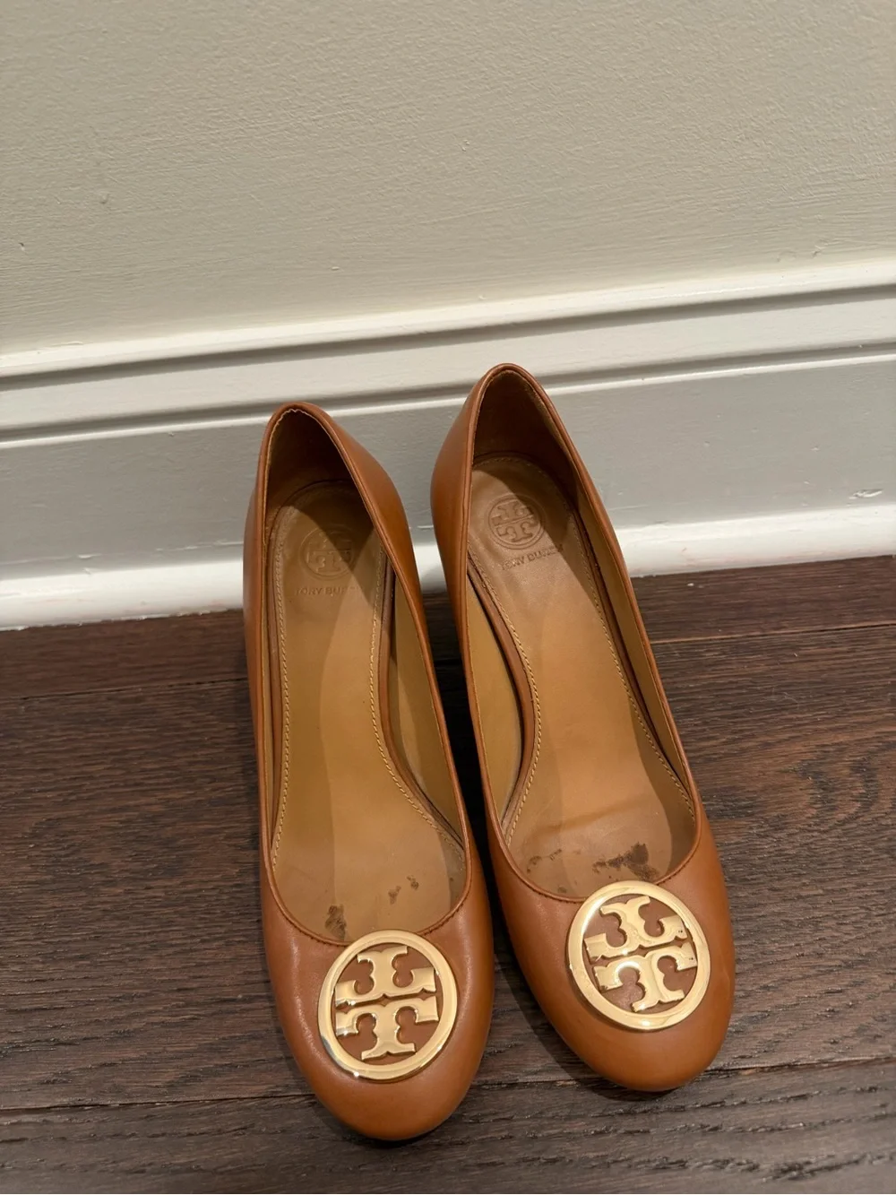 Tory Burch Chestnut Leather Block Heel Pumps with Gold Logo